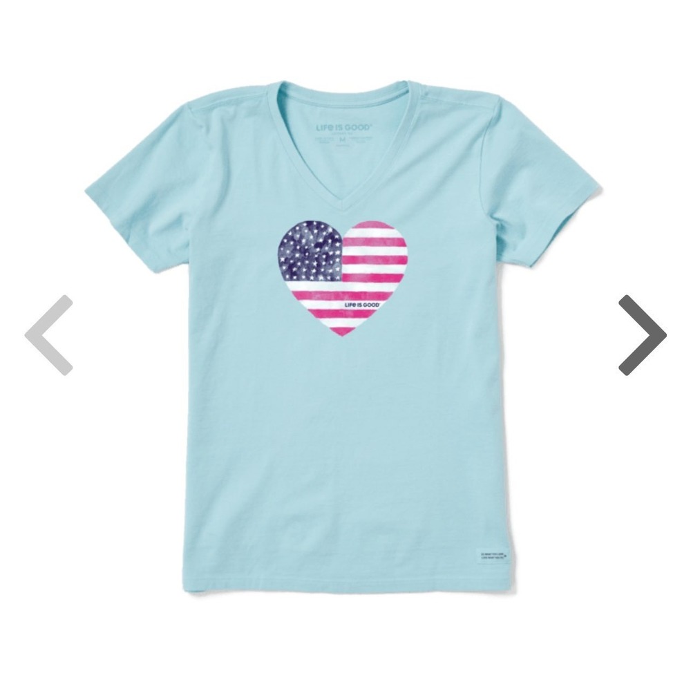 NWT Life is Good WOMEN'S WATERCOLOR FLAG HEART SHORT SLEEVE VEE